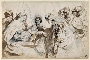 聖カタリナの神秘的な結婚」（紙にチョークの上にウォッシュをかけたペン＆インク 作： Anthony van Dyck