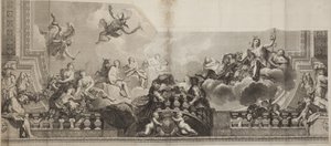 パレロワイヤルのグランドギャラリーの天井の中央パネルのデザイン、ニコラスアンリタルデュー（1674-1749）によって刻まれました 作： Antoine (after) Coypel