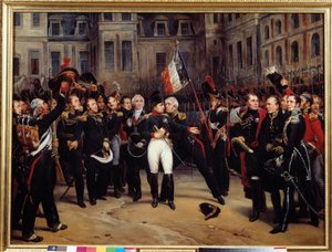 1814年の退位-「1814年4月20日、フォンテーヌブローのシュヴァル・ブランの中庭でナポレオン・ボナパルト（1769-1821）が帝国軍に別れを告げる場面」 アントワーヌ・モンフォール（1802-1884）の絵画 19世紀 日0.98x1.3 m 作： Antoine Alphonse Montfort
