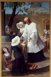 農民の世話をする聖ヴィンセント・ド・ポール（1581～1660年）（St Vincent de Paul Helping the Plague Ridden）。アントワーヌ・アンシオー（1764-1840）による絵画。ナント、美術博物館 作： Antoine Ansiaux