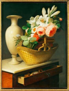 シフォンニエールのバスケットに入ったユリとバラのブーケ 作： Antoine Berjon