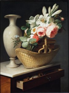 バスケットに入れたユリとバラの花束を布の上に置く - 油彩・キャンバス 作： Antoine Berjon