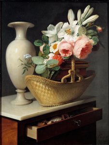 ボロ布の上に置かれたバスケットの中のユリとバラの花束 アントワーヌ・ベルジョン（1754-1843）による絵画 1814年 日。0,66x0,49 m . 作： Antoine Berjon