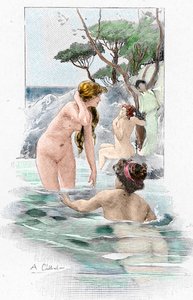Homeren Odyssee: "Nausicaa, kuningas Alcinousin tytär ja hänen palvelijatonsa pesemässä vaatteitaan joessa" Antoine Calbetin (1860-1944) kuvitus kreikkalaisen runoilijan Homeren "Odysseia" (Homerin Odysseia) 1897 Yksityinen kokoelma 作： Antoine Calbet