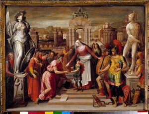 ハリカルナス王妃アルテミス・イエールの歴史：「本とエペの受け渡し」 アントワーヌ・キャロン（1521-1599）の絵画 16世紀 日0,51x0,67 m ボーヴェ、オワーズ出発博物館（Musee departemental de l