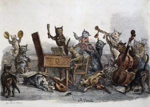 アマチュア・コンサート、楽器を演奏する猫の風刺画、Carle Vernet（1758-1836）のエングレーヴィング、フランス 作： Antoine Charles Horace Vernet