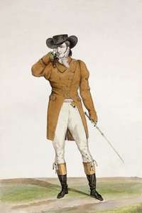 ジョルジュジャックガティーヌ（1773-183年）が刻印した、ボート型の帽子、くすんだ色のジャケット、バックスキンのズボンをまとったダンディ。