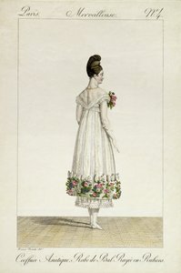 リボンでトリミングされたボールドレスのアジア風の髪型の女性、ジョルジュジャックガティーヌ（1773-1831）によって刻まれた「インクロヤブルエメルヴェイユーズ」シリーズのファッションプレートのプレート4公開1 作： Antoine Charles Horace Vernet