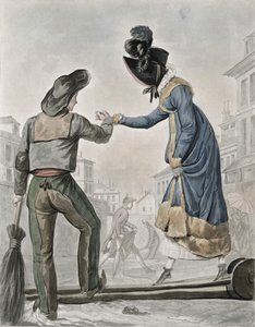 汚い通りを渡って暴力団を横断するために通りの掃除人を払っている女性 作： Antoine Charles Horace Vernet