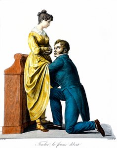 立っている女性に触れること。患者がドレスの下で医師に相談している様子。Chazalによるエングレーヴィング（19世紀）。パリ、アカデミー・オブ・メディスン 作： Antoine Chazal