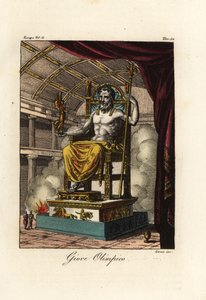 オリンピアのゼウスまたはジュピターの像、紀元前435年頃にギリシャの彫刻家フィディアスが制作した巨大な座像、ギリシャのオリンピアの聖域にて 作： Antoine Chrysostome Quatremère de Quincy