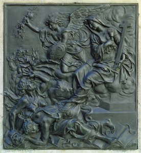 異端者を追放するフランスの天使、ルイ14世の像の台座からの詳細、c.1687（ブロンズ）
