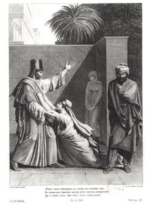 アマンの存在下でのエステル・インプリアリング・アスエルス、JJラ・コニー（1761-1809）によって彫刻されたジャン・ラシーン（1639-99）によるエステルのイラスト