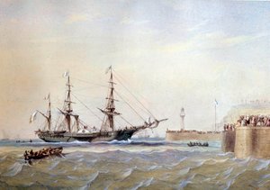 19 世紀にル アーブル港に戻る車輪船 水彩画 アントワーヌ デザイール エロー (1802-1853) 19 世紀 パリ、海洋博物館 作： Antoine Desire Heroult