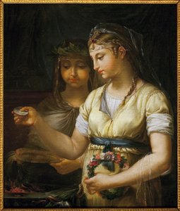 生贄を準備する2人のヴェスタル。アントワーヌ・フランソワ（アントワーヌ＝フランソワ）・カルレ（1741-1823）の絵画、油彩・キャンバス 作： Antoine François Callet
