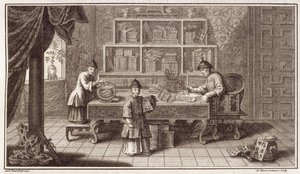 A.メゾンヌーヴ、1670年代頃に刻まれた中国のオランダ大使館の記事からの中国の書道店 作： Antoine Humblot