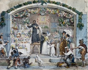 アントワーヌ＝ジャン＝バティスト・トマ（1791-1833）作「ローマのベファーナ」、版画。イタリア