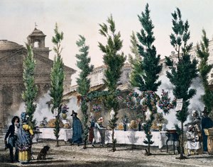 聖ヨセフの祭礼中のパンテオンのフライヤー、アントワーヌ・ジャン＝バティスト・トマ（1791-1834）の版画、『Un an a Rome et dans ses environs（ローマとその周辺での1年）』より、フランス 作： Antoine Jean Baptiste Thomas