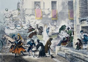 ローマのカーニバルで紙吹雪を投げるアントワーヌ＝ジャン＝バティスト・トマ（1791-1833）作、イタリア 作： Antoine Jean Baptiste Thomas