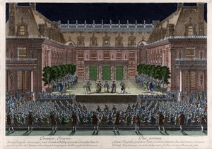 ジャン・バティスト・リュリ（ジョヴァンニ・バッティスタ・ルッリ）（1632-1687）がフランシュ・コンテ奪取（1674年）の際に行った祝賀会のために、ヴェルサイユ城の大理石の中庭で描いた「アルセスト」の表現。ル・ポートルによるエングレーヴィング（1 作： Antoine Le Pautre