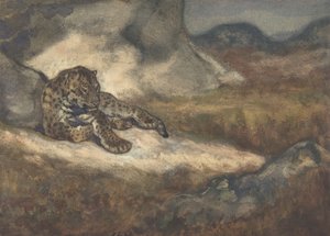 横たわるヒョウ、1810-75。 作： Antoine Louis Barye