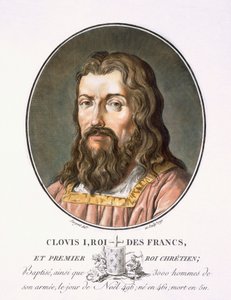 「偉大な男性、輝かしい女性、そしてフランスの記憶に残る主題の肖像画、墓と色の版画」からのクロービスI、ピエール・ブリン発行、1786-92、パリ（カラー彫刻）