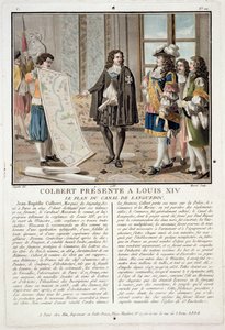 ジャンバプティストコルベール（1619〜83年）は、ラングドック運河の地図をルイ14世に提示し、ジャンバプティストモレット（fl.1790-1820）、1788年に彫刻されました。