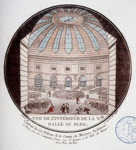 1763年から1766年にかけてメジエールのル・カミュによって建設された新しい市場ホール（現在はパリの証券取引所）の内部の様子。セルジュによるパリの主要建築物のプリトレスクな眺めでは 作： Antoine Louis Francois Sergent Marceau