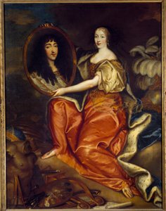 アンリエット・アン（Henriette-Anne）・オブ・イングランド（1644-1670）のオルレアン公爵夫人が、フィリップ・デュック・オブ・オルレアン（1640-1701）dit Monsieurの肖像を持っている肖像。二重の肖像。絵画の中のアビムの絵。アントワーヌ・マチュー（1631-1673）の絵画 1664年 日 作： Antoine Mathieu