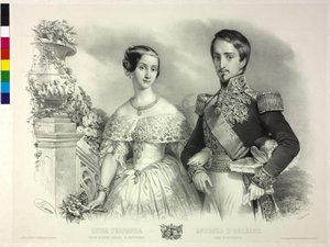 スペインのインファンタと夫アントワーヌ・ドルレアン・ルイザ（リトグラフ）