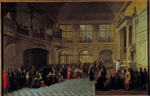 1695年12月18日、ヴェルサイユ宮殿の礼拝堂で、ノートルダム・デュ・モン・カルメルと聖ラザロの統合騎士団の大領であるダンジョー侯爵の宣誓を受けるルイ14世。ダンジョー侯爵フィリップ・ド・クルシヨン（1638-172