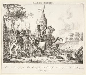 Menier (Hussar) はイギリス大隊の前線に一人で飛び込み、少尉を殺し、旗を奪う (Druten, 1795) 作： Antoine Pierre Mongin