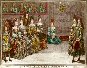 1696年頃、ヴェルサイユ宮殿のルイ14世（1638-1715）一族のアパルトマンの夜の第4寝室でのダンス：シャルトル公爵がメイン公爵夫人とB公爵の立ち会いのもと、マドモアゼルとメヌエットを踊る。 作： Antoine Trouvain