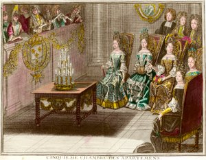 ルイ14世（1638-1715）の家族の居室の第5寝室での音楽会 1694年頃、ヴェルサイユ宮殿の居室での夜のひととき アントワーヌ・トルヴァン（1656-1708）によるエングレーヴィング 1694年頃 個人蔵 作： Antoine Trouvain