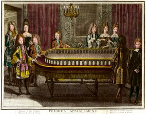 アンジュー公フィリップ（1683-1746）、ベリー公シャルル（1686-1714）、ヴェルサイユ宮殿のルイ14世の第一の居室でポルティコをするプリンス・オブ・ウェールズ - アントワーヌ・トルヴァン（1656-1708）によるエングレーヴィング 個人蔵 - シャ 作： Antoine Trouvain