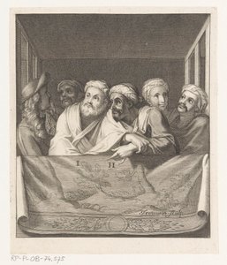 手すりの後ろの箱にターバンを巻いた 5 人の男性と 1 人の帽子をかぶった男性 作： Antoine Trouvain