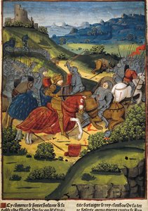 Lancelot em uma batalha - VERARD, Antoine (século XV). Editora e livreira inglesa.; LANCELOTE (séc. VI). Cavaleiro da corte do Rei Artur. Lancelot em uma batalha. Ilustração de “Lancelot du Lac” de Antoine Verard (1494). arte gótica. Pintura em miniatura.  作： Antoine Verard