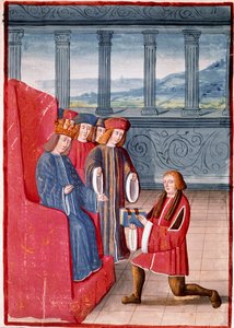 フランス王シャルル8世（1470-1498）に本を差し出す著者 アントワーヌ・ヴェラール（1450-1519）が描いた「フランス年代記」のミニチュア トリノ、ナツィオナーレ図書館