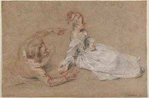 リクライニングする男性と地面に座る女性 作： Antoine Watteau