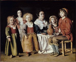 5人の子供を持つ女性」（油彩・キャンバス 作： Antoine and Louis and Mathieu  Le Nain
