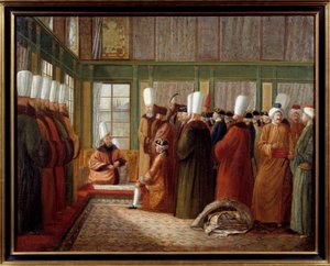 オスマン帝国：「大宰相によるトルコのルイ16世に仕えるフランス大使の接待」 アントワーヌ・ド・ファヴレイ（1706-1791）の絵画 18世紀 マルセイユ、海洋博物館 - オスマン帝国。フランス大使のレセプション