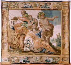 フランダースのタペストリー。 シリーズ テセウスの物語。 バッカスはアリアドネを妻として迎える (Baco toma a Ariadna por esposa)。 シリーズ9作目のタペストリー。 モデルのアントニス・サラート。 ブリュッセルのヤン・レイス・ザ・ヤンガーで製造。 1630年頃。 ファブリック シルクとウール。 サイズ 392×45 作： Antoine or Anthonis Sallaert