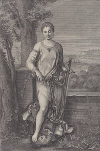 ホロフェルネスの頭に足を乗せて立っているジュディス。 1729年。 作： Antoinette Larcher