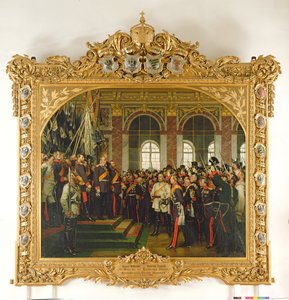 1871年1月18日、ヴェルサイユの鏡の間で1885年に描かれた、新しいドイツ帝国のカイザーとしてのヴィルヘルムの宣言（185620も参照）