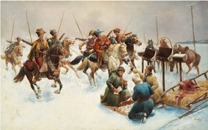 コサックのある冬の風景 (郵便配達) - Adolf Baumgartner Stoiloff (Baumgartner-Stoiloff) 作 (1850-1924)、キャンバスに油彩、82x130 cm - 個人蔵 作： Anton Baumgartner Stoiloff