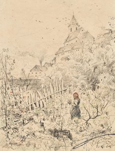 教会と村の裏、庭にいる農民の少女 作： Anton Brioschi