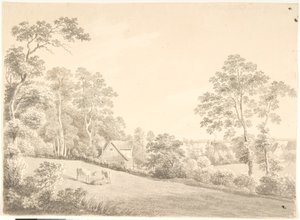 エルベ川沿いの家と牛のいる風景