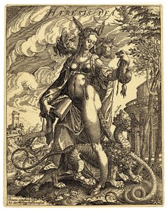 ヘレシアの神、ロバの耳を持つ女性の姿で描かれた寓意的な人物で、破れたページの本を持ち、股の間には怪物のような生き物がいる。アントン・アイゼンハウト（1554-1603）による反改革派の風刺版画 16世紀末 作： 