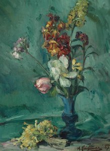 青い花瓶の花とサクラソウの束 作： Anton Faistauer
