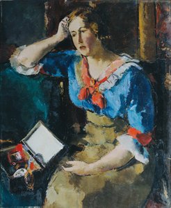 青いブラウスに座っている女性 作： Anton Faistauer